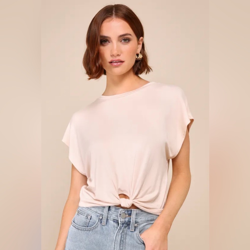 Lulus Excellent Icon Beige Keyhole Knot-Front Crew Neck Tee
